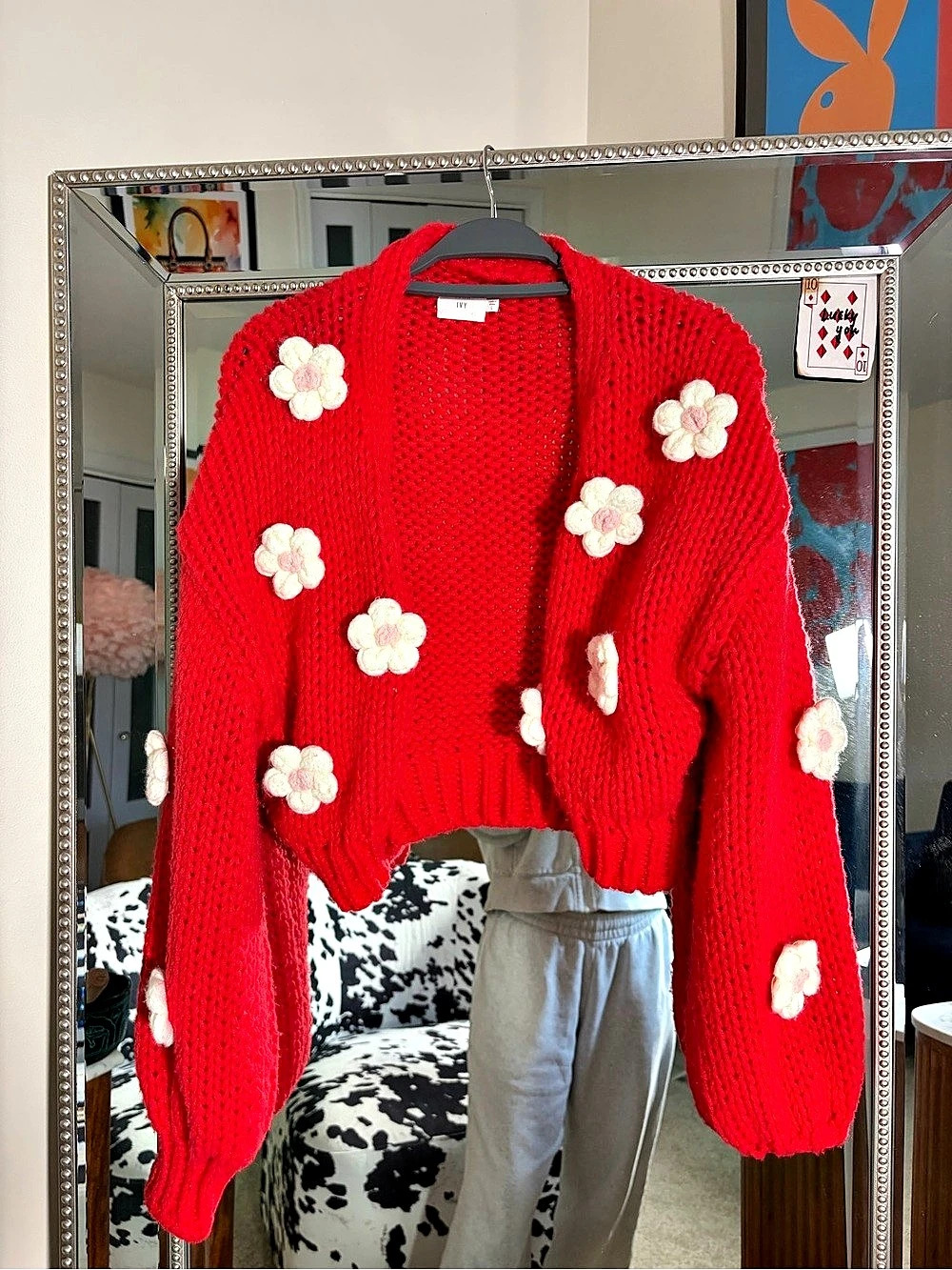 Luna Ivy 3D Crochet Flower Applique Chunky Cardigan Red & Pink Large
